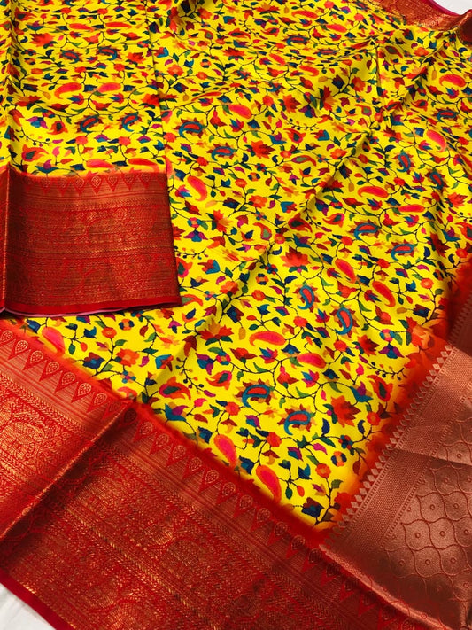 Banarasi Silk Pichwai Kalamkari Saree with Zari Gold Kanchi Weaving