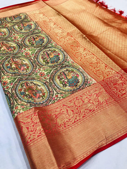 Banarasi Silk Pichwai Kalamkari Saree with Zari Gold Kanchi Weaving