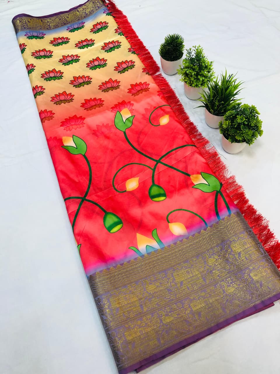 Banarasi Silk Pichwai Kalamkari Saree with Zari Gold Kanchi Weaving