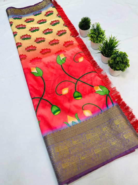 Banarasi Silk Pichwai Kalamkari Saree with Zari Gold Kanchi Weaving
