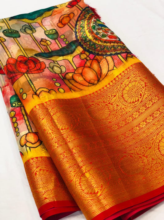 Banarasi Silk Pichwai Kalamkari Saree with Zari Gold Kanchi Weaving