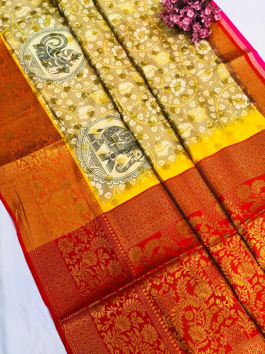 Banarasi Silk Pichwai Kalamkari Saree with Zari Gold Kanchi Weaving