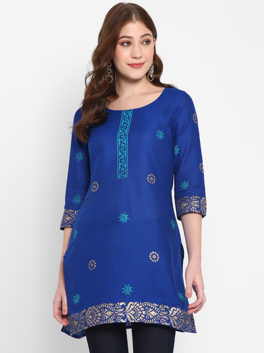 Blue Cotton Kurti with Print on Neckline, Sleeves & Hem