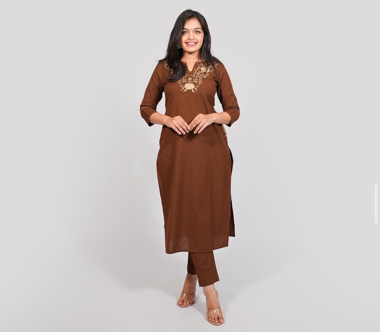 Brown Cotton Embroidered Kurti Pant Set with Pockets