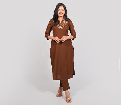 Brown Cotton Embroidered Kurti Pant Set with Pockets