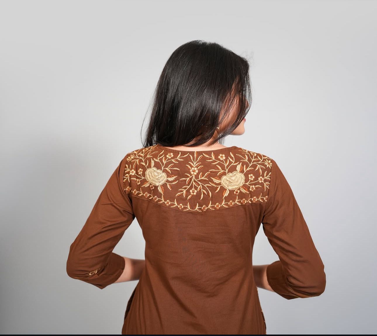 Brown Cotton Embroidered Kurti Pant Set with Pockets