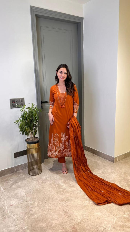 Cotton 60x60 Suit Set with Thread Work & Embroidered Dupatta for Women