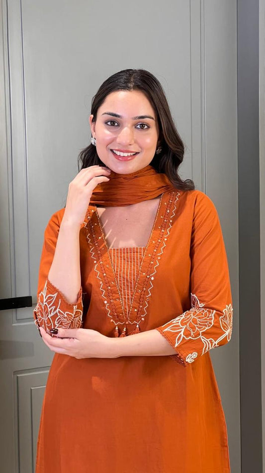 Cotton 60x60 Suit Set with Thread Work & Embroidered Dupatta for Women