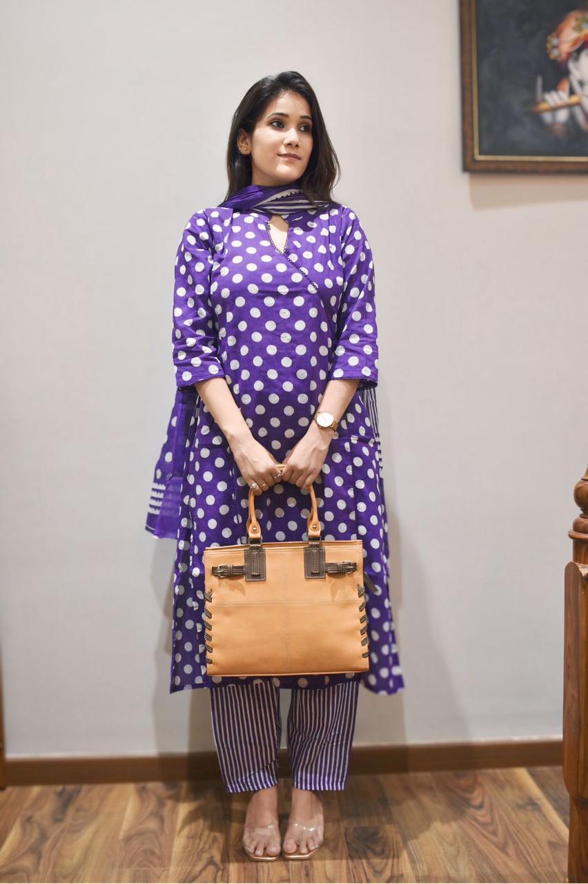 Purple Angrakha-Style Straight Kurti with Polka-Dot Print, Lace & Sequence Work | Cotton Pant & Dupatta Set