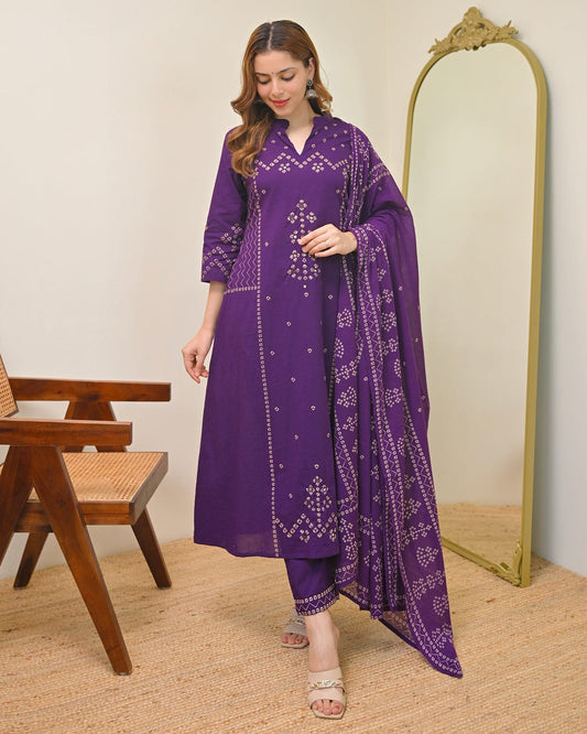 Purple Bandhej Print A-Line Cotton Suit Set with Dupatta