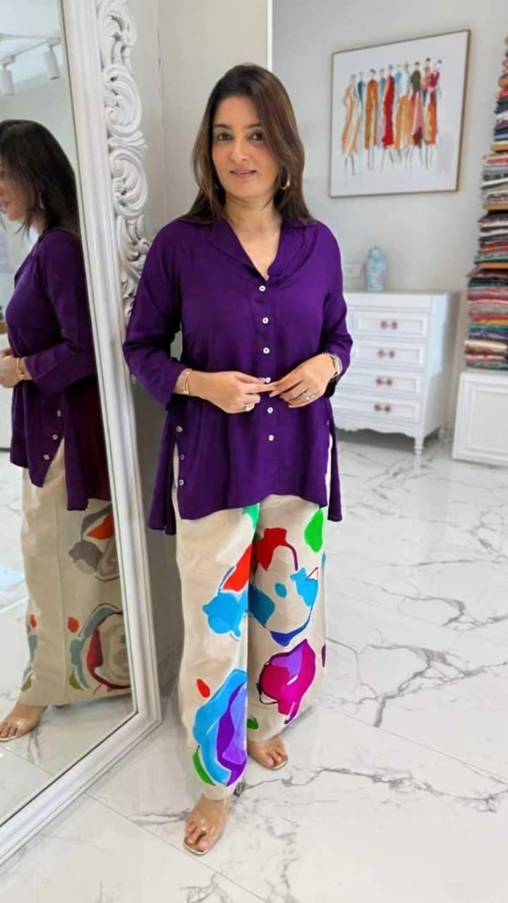 Purple Cotton Co-ord Set with Multicolour Chiku Palazzo