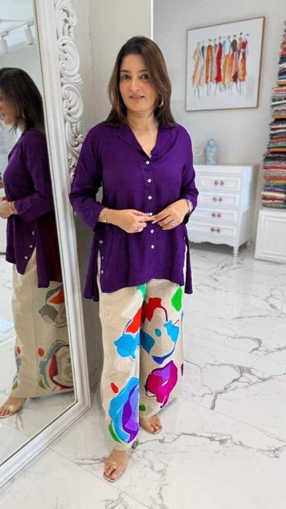 Purple Cotton Co-ord Set with Multicolour Chiku Palazzo
