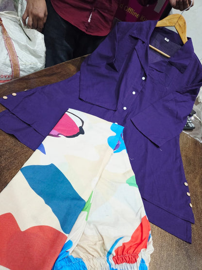 Purple Cotton Co-ord Set with Multicolour Chiku Palazzo