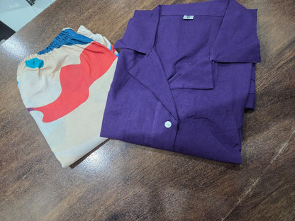 Purple Cotton Co-ord Set with Multicolour Chiku Palazzo