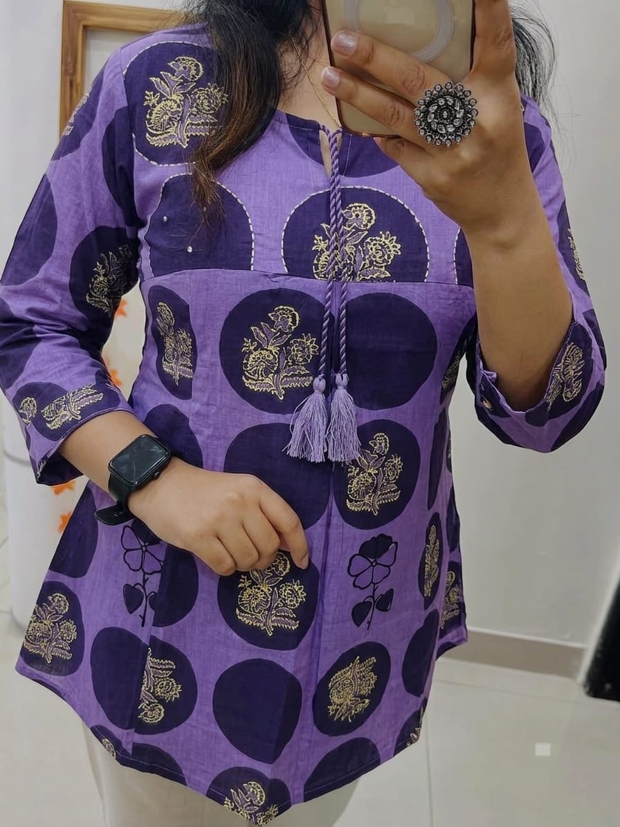 Purple Cotton Cord Set with Print, Embroidery & Katha Work