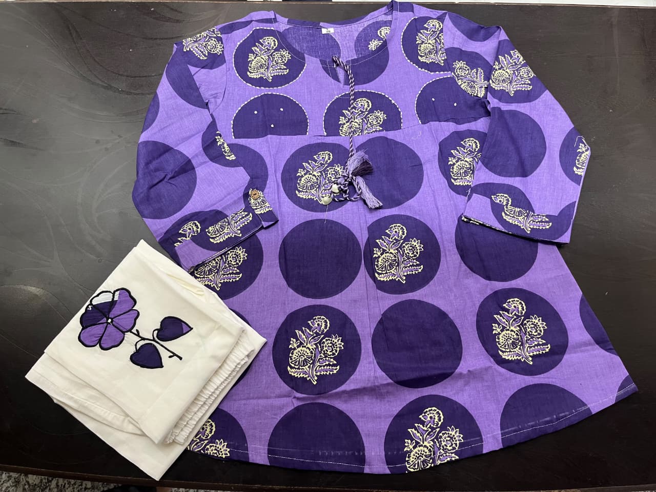Purple Cotton Cord Set with Print, Embroidery & Katha Work