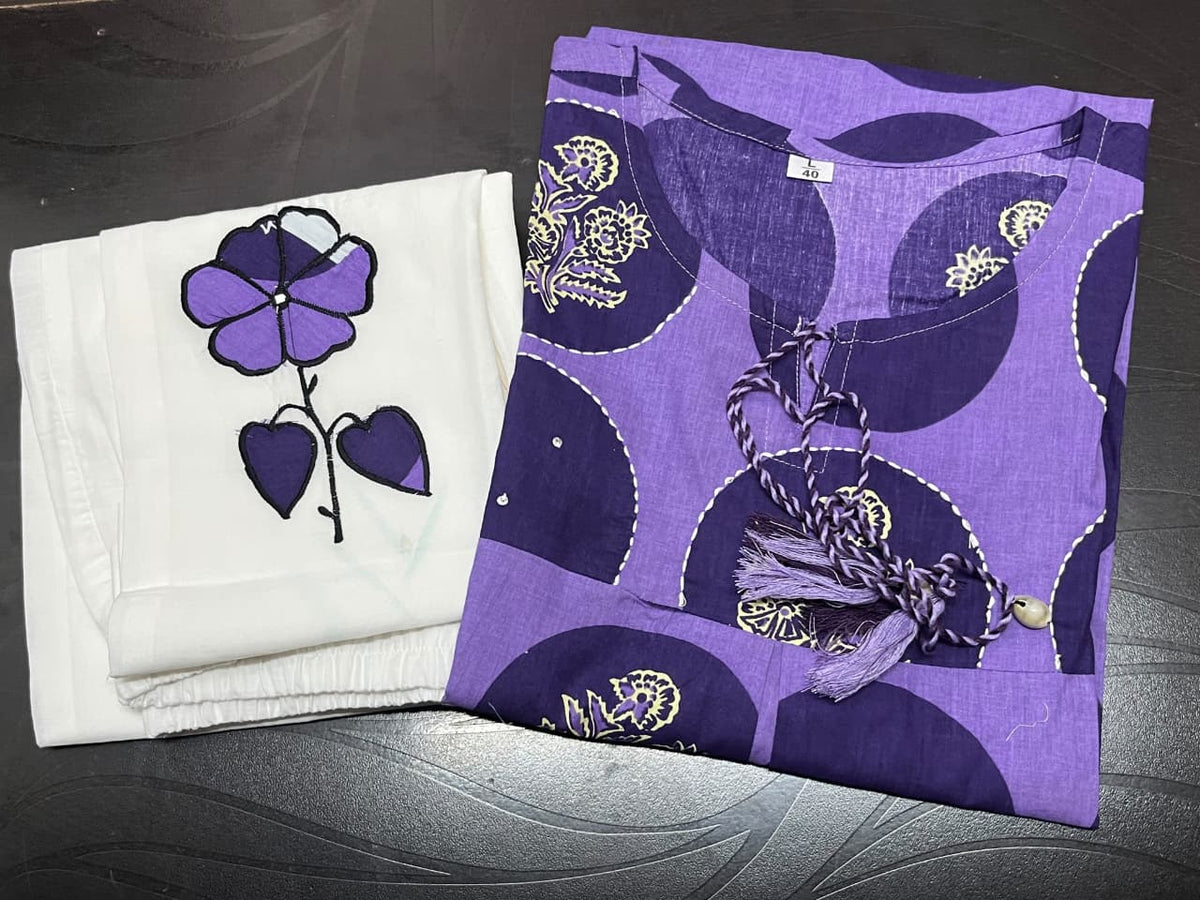 Purple Cotton Cord Set with Print, Embroidery & Katha Work