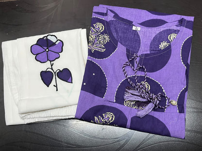Purple Cotton Cord Set with Print, Embroidery & Katha Work