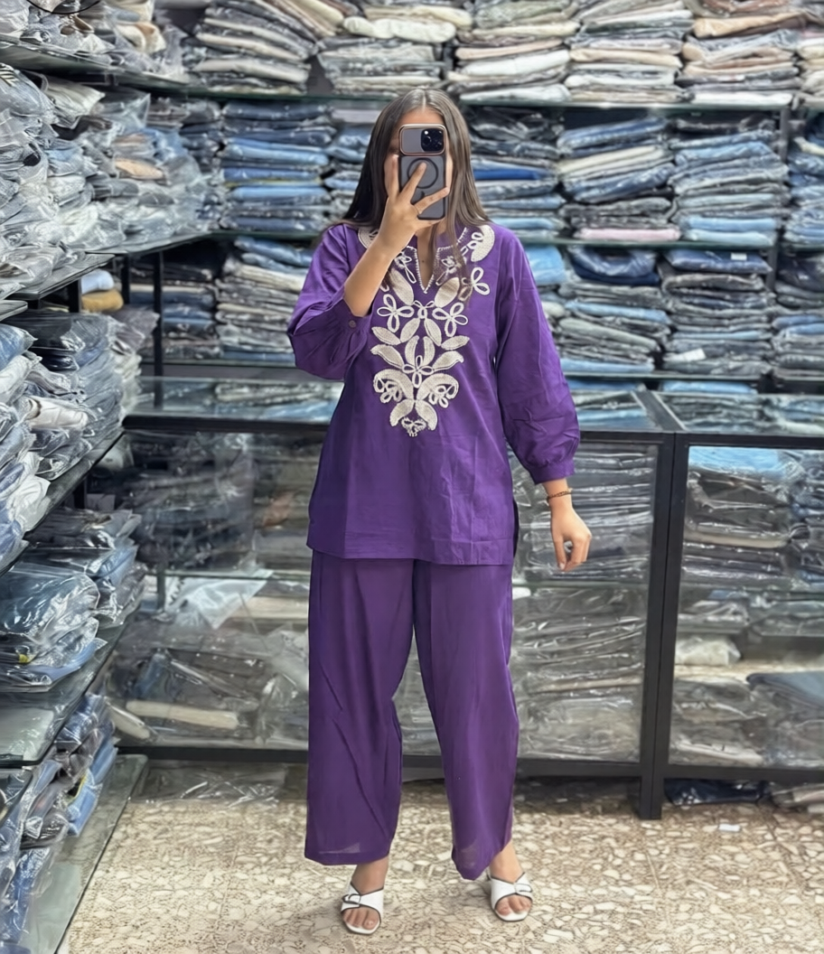 Purple Cotton Embroidered Co-Ord Set for Women