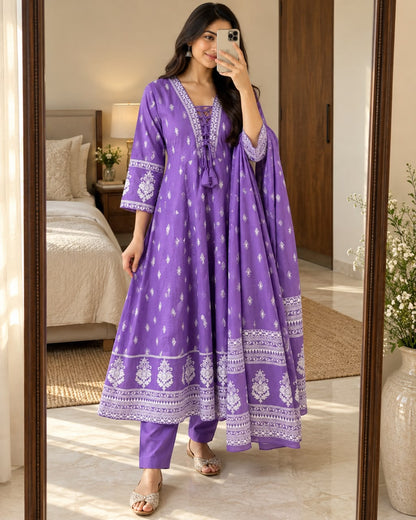Purple Cotton Taj 60x60 Anarkali Suit Set with Printed Dupatta