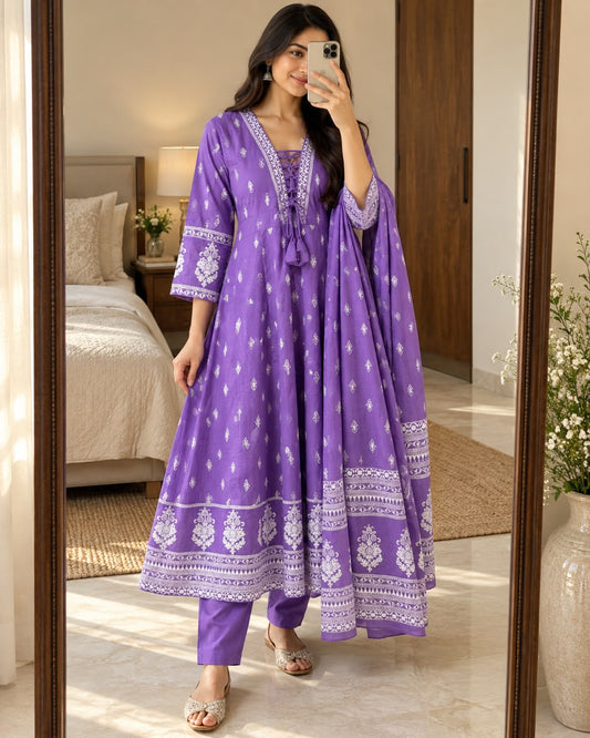 Purple Cotton Taj 60x60 Anarkali Suit Set with Printed Dupatta