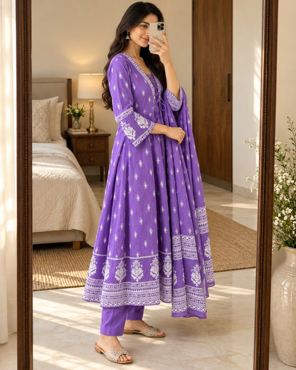 Purple Cotton Taj 60x60 Anarkali Suit Set with Printed Dupatta