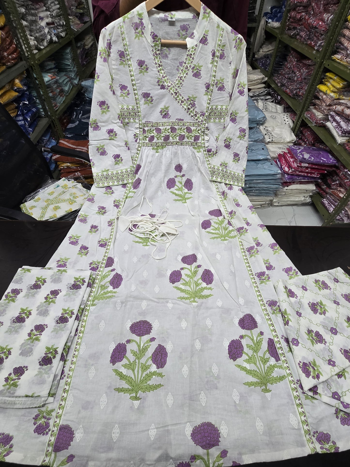 Purple Floral Printed Cotton Angrakha Kurti Set with Sequence Work & Mul Cotton Dupatta