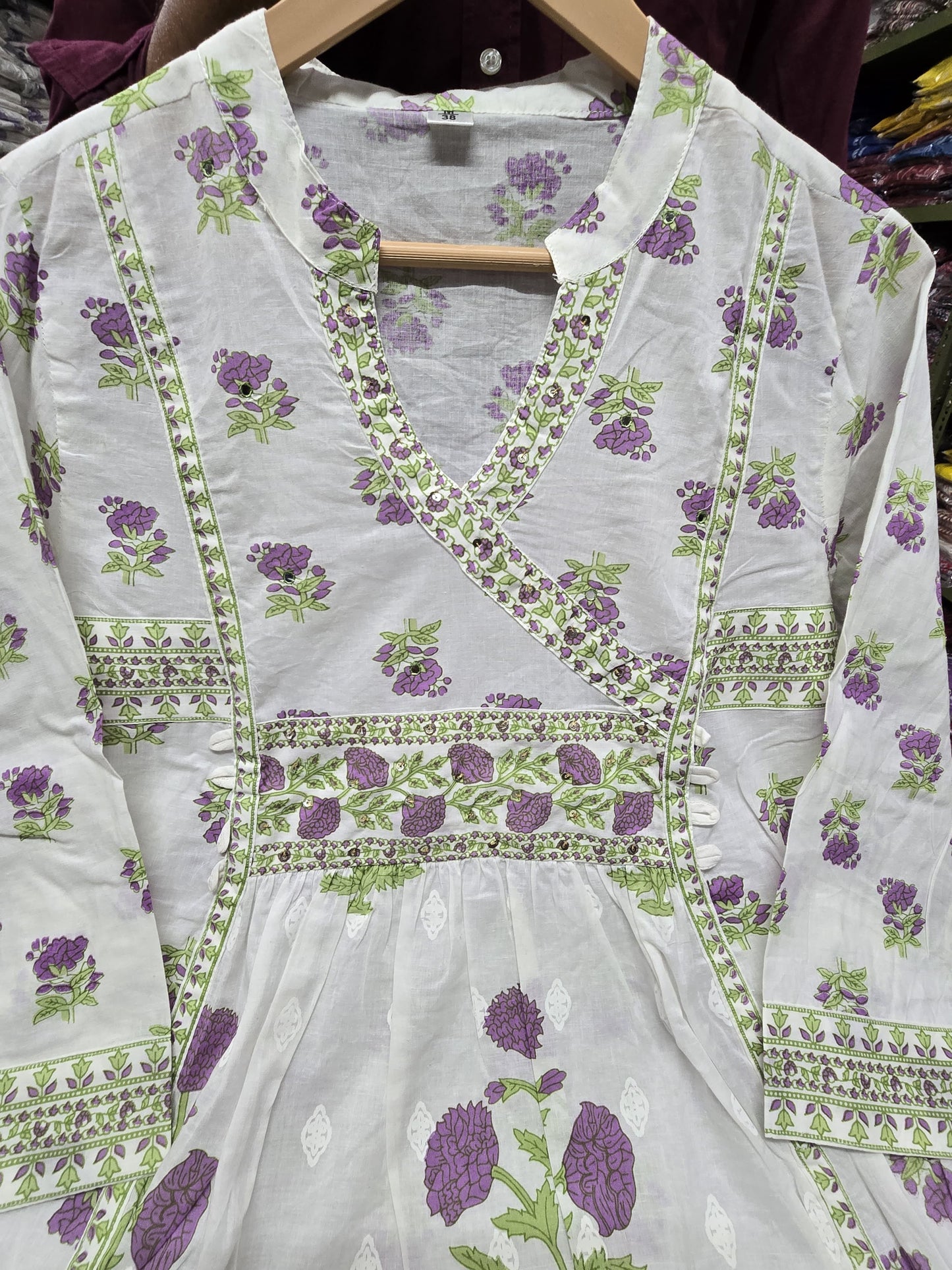 Purple Floral Printed Cotton Angrakha Kurti Set with Sequence Work & Mul Cotton Dupatta