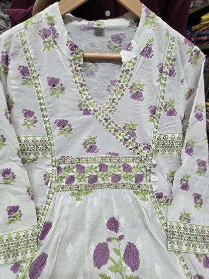 Purple Floral Printed Cotton Angrakha Kurti Set with Sequence Work & Mul Cotton Dupatta