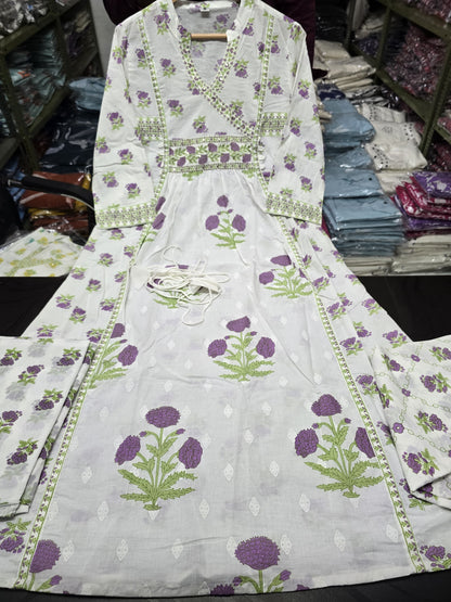 Purple Floral Printed Cotton Angrakha Kurti Set with Sequence Work & Mul Cotton Dupatta