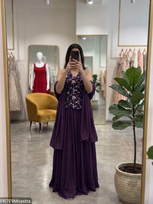 Purple Indo-Western Set with Beadwork Top & Flared Skirt