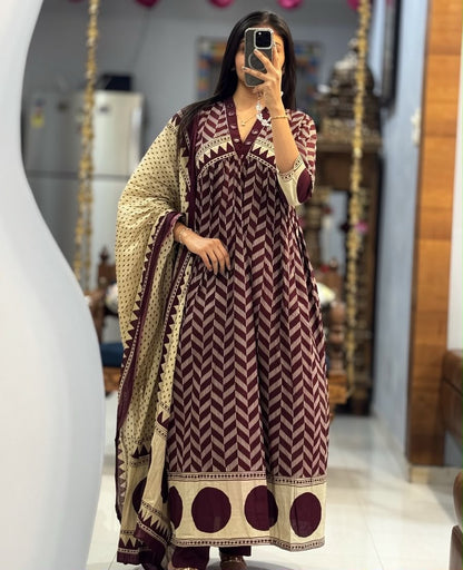Purple Procin Print A-Line Cotton Kurti Set with Pant & Mal Mal Dupatta