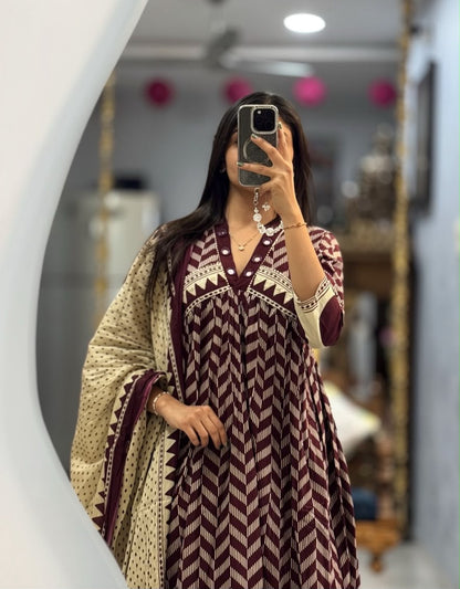 Purple Procin Print A-Line Cotton Kurti Set with Pant & Mal Mal Dupatta
