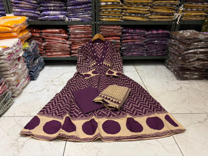 Purple Procin Print A-Line Cotton Kurti Set with Pant & Mal Mal Dupatta