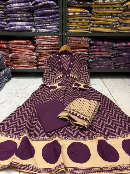 Purple Procin Print A-Line Cotton Kurti Set with Pant & Mal Mal Dupatta