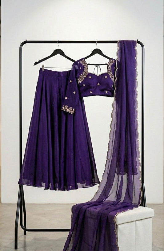 Purple Rangoli Lehenga Set with Embroidered Blouse & Cutwork Dupatta