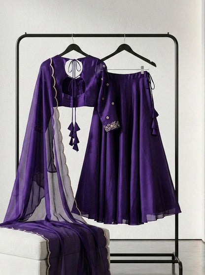 Purple Rangoli Lehenga Set with Embroidered Blouse & Cutwork Dupatta