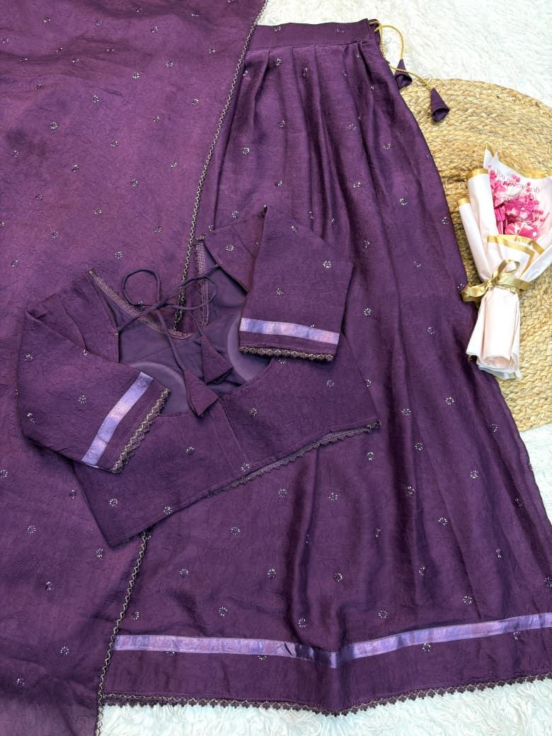 Rangoli Crush Beads Work Fully Stitched Half Saree Lehenga Set with Dupatta