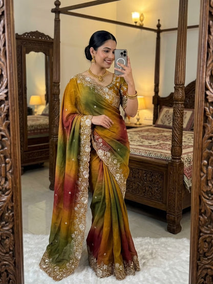 Rangoli Crush Printed Sequence Work Saree with Unstitched Blouse