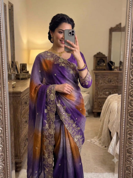 Rangoli Crush Printed Sequence Work Saree with Unstitched Blouse