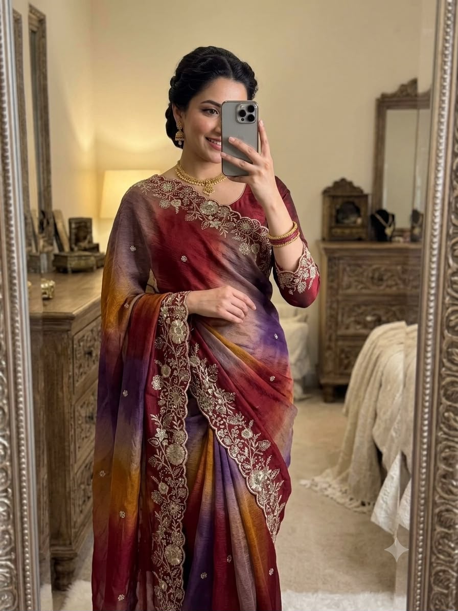 Rangoli Crush Printed Sequence Work Saree with Unstitched Blouse