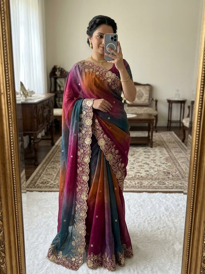 Rangoli Crush Printed Sequence Work Saree with Unstitched Blouse