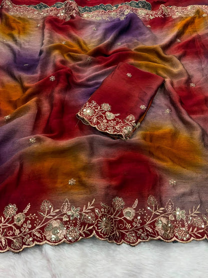 Rangoli Crush Printed Sequence Work Saree with Unstitched Blouse
