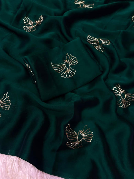 Rangoli Fabric Saree with Beads Work Bird Design & Matching Blouse