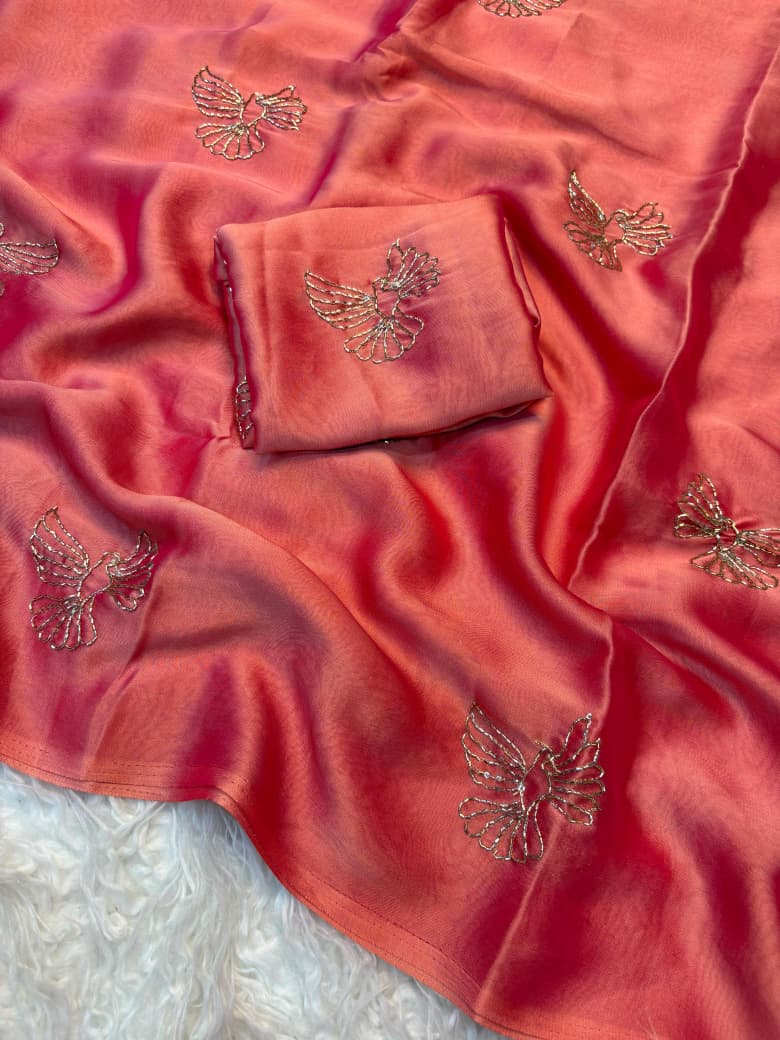 Rangoli Fabric Saree with Beads Work Bird Design & Matching Blouse