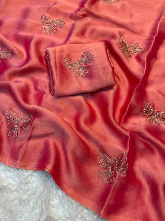 Rangoli Fabric Saree with Beads Work Bird Design & Matching Blouse