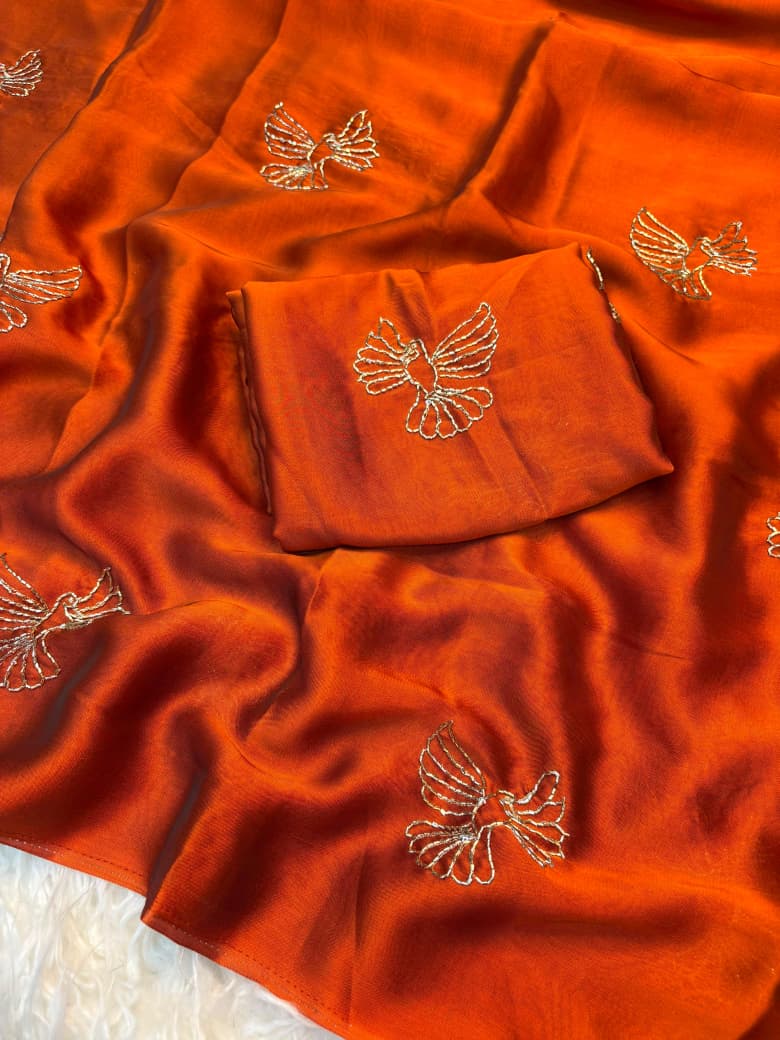 Rangoli Fabric Saree with Beads Work Bird Design & Matching Blouse