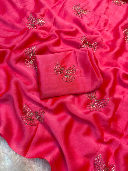 Rangoli Fabric Saree with Beads Work Bird Design & Matching Blouse