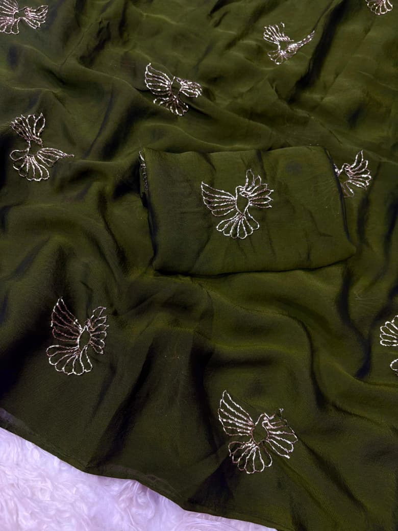 Rangoli Fabric Saree with Beads Work Bird Design & Matching Blouse