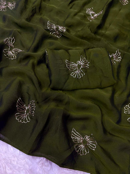 Rangoli Fabric Saree with Beads Work Bird Design & Matching Blouse